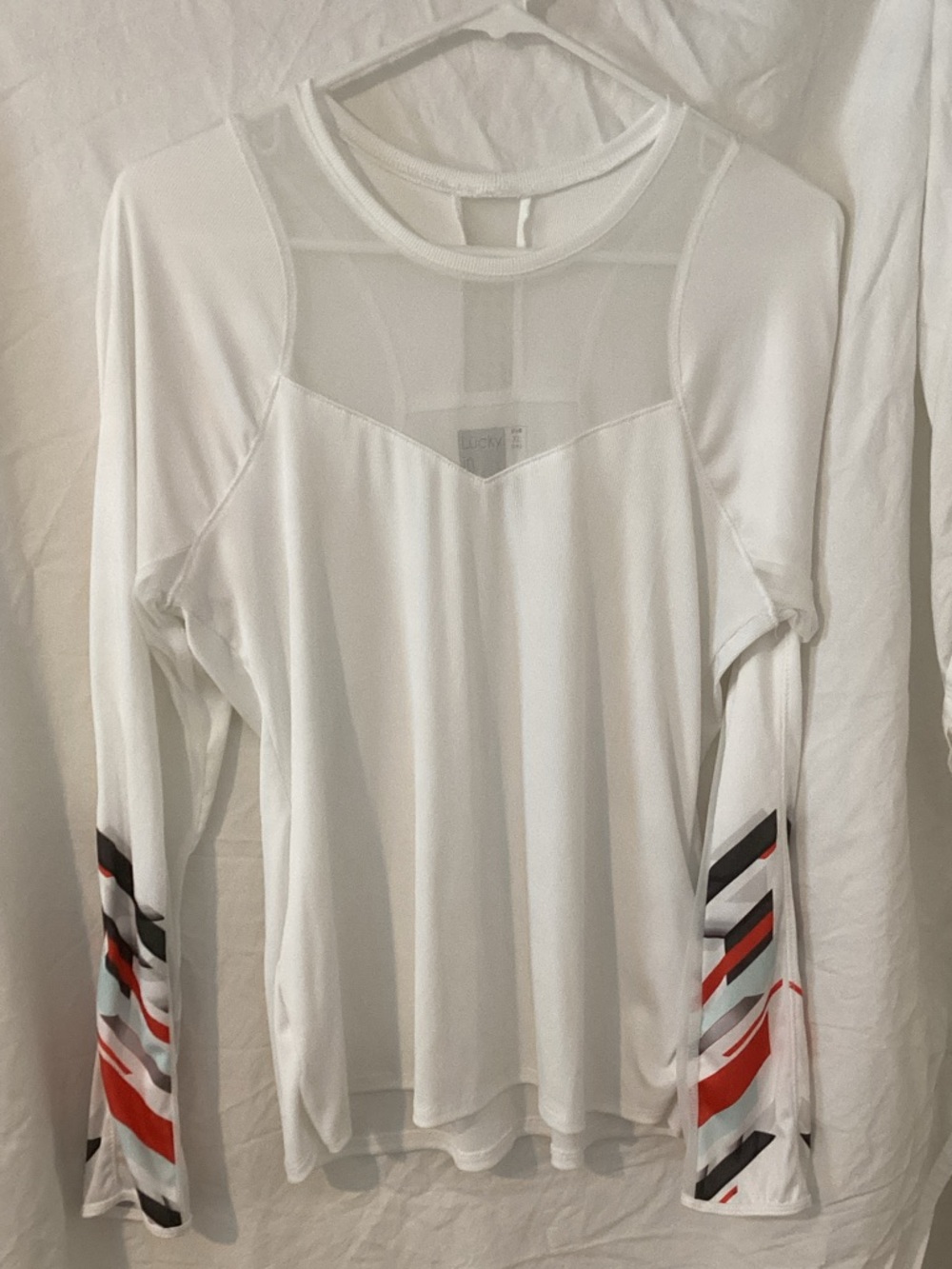 White Long Sleeve Women's Top with Striped Sleeve Accents